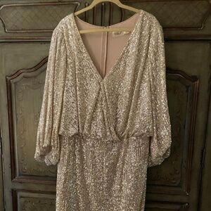 Eliza J 20W Silver shimmer sequin cocktail dress with blouson sleeve